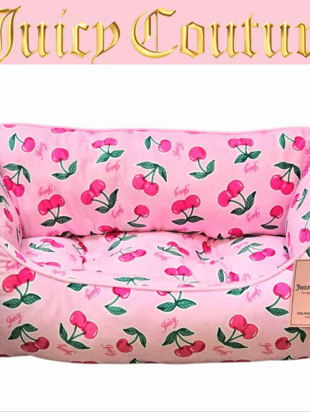 Juicy Couture Signature Logo Cherry Print Velour Pet‎ Bed Cuddler